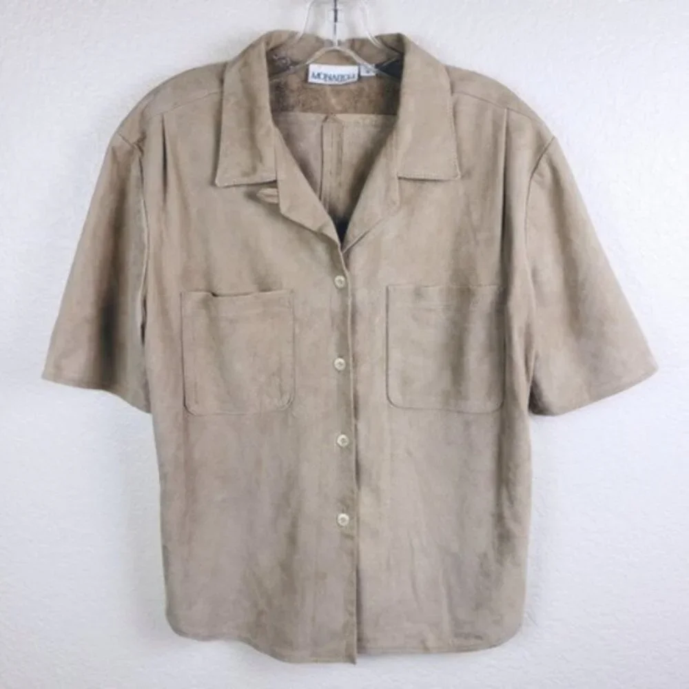 Vintage MONARCH New Zealand Genuine Suede Leather Shirt size S Tan/Stone Y2K